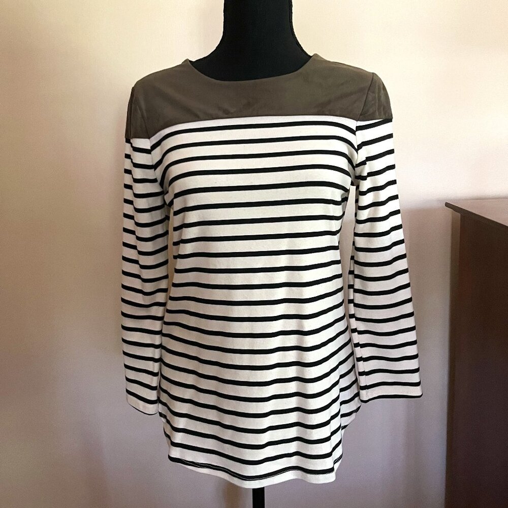 Olive Green Suede Detail Striped Top from Design Lab by Lord and Taylor